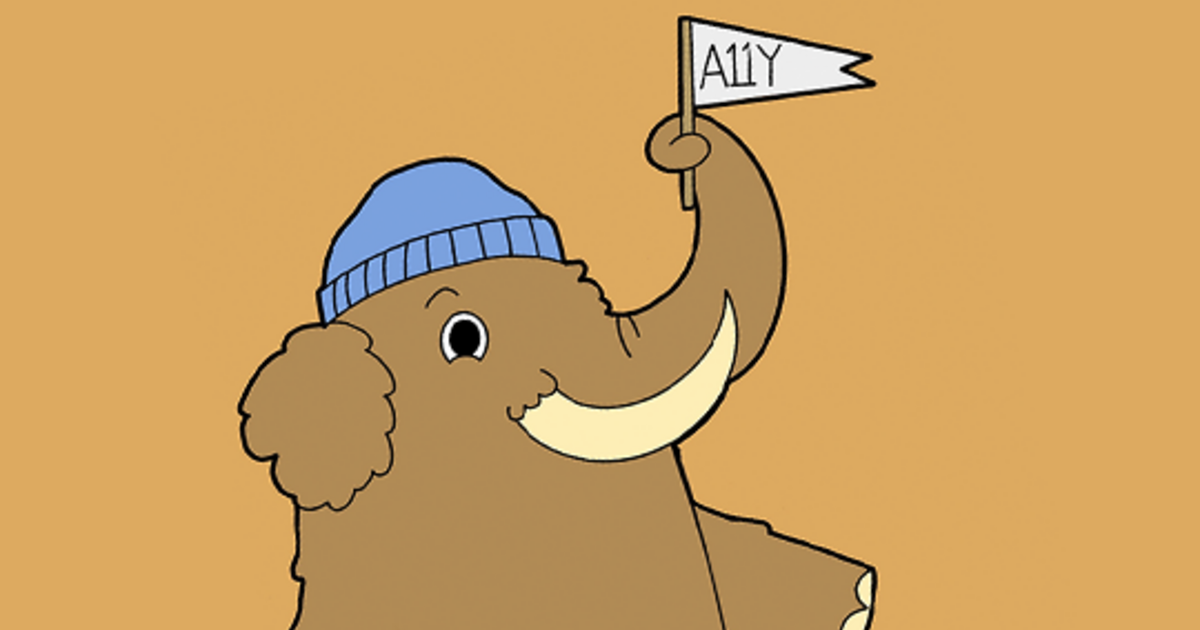 The Mastodon mascott, John Mastodon, wearing a blue beanie and holding a triangular A11y flag.